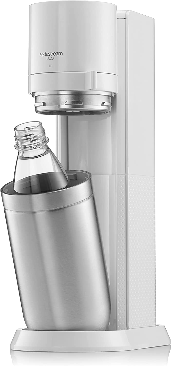 Sodastream Duo Sparkling Water Maker Machine, with 1 Litre Reusable BPA-Free Plastic Water Bottle + 1 L Glass Carafe & 60 Litre CO2 Gas Cylinder White