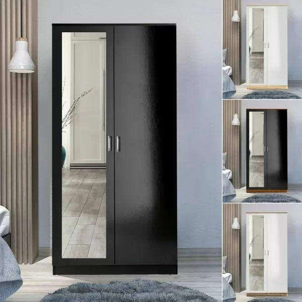 2 Door Wardrobe With Mirror With Large Cupboard Storage - 3 Colours