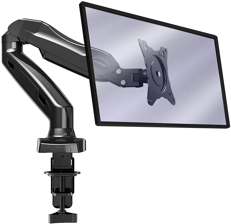 Invision PC Monitor Arm, Gas Powered Desktop Clamp Mount for 17–27” Screens Adjustable Tilt Swivel VESA 75mm & 100mm Weight 2kg to 6.5kg (MX150)