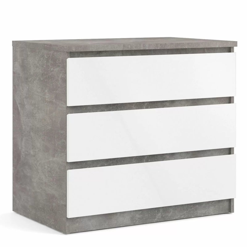 Naia Chest of 3 Drawers in Concrete and White High Gloss - Grey and White High Gloss