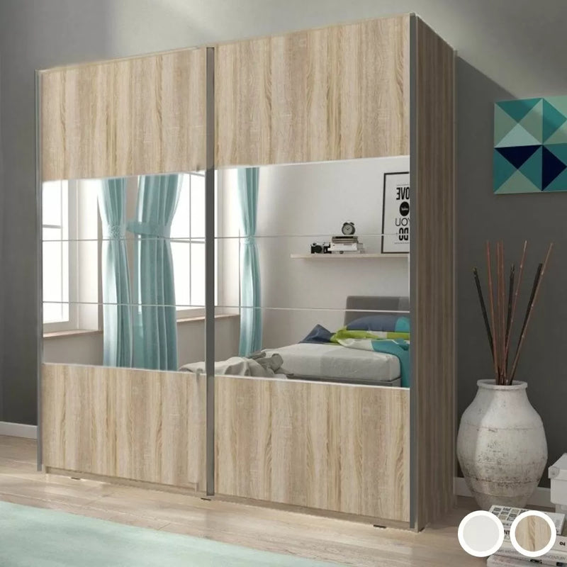 Merlin-I Mirrored 2-Door Sliding Wardrobe - White or Sonoma Oak