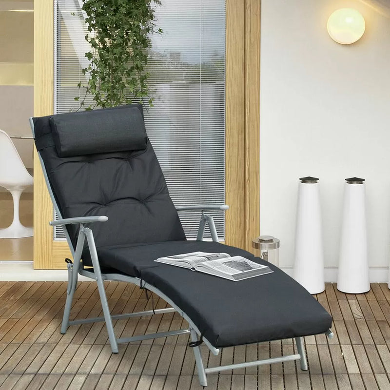 Foldable Padded Sun Lounger With Headrest - Black