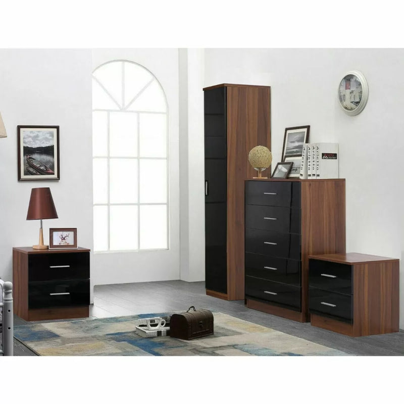 3 Piece Reflect High Gloss 1 Door Wardrobe Set - Black & Walnut