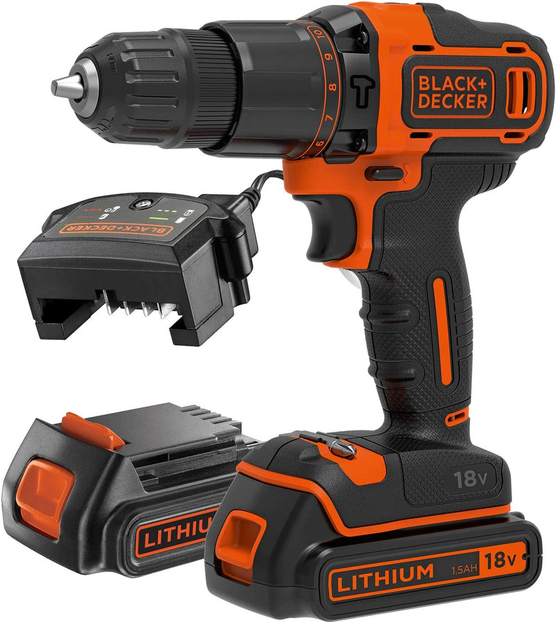 BLACK+DECKER 18 V Cordless 2-Gear Combi Drill with Kitbox and 2x 1.5 Ah Lithium Ion Batteries