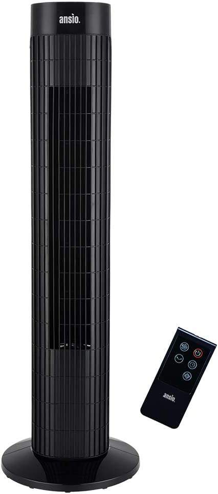 ANSIO Tower Fan with Remote Control 30-inch Powerful Electric Bladeless Fan for Bedroom & Office 7.5 Hours Timer 3 Speed Oscillating Fan - Black