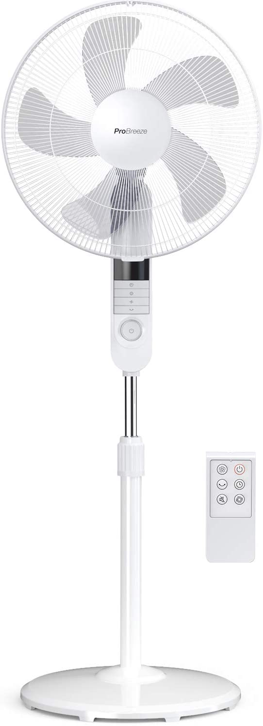 Pro Breeze 16-Inch Pedestal Fan with Remote Control and LED Display - 4 Modes - 80° Oscillation - Adjustable Height & Pivoting Fan Head, White