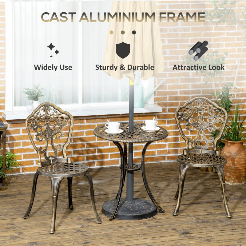 3 Piece Cast Aluminium Garden Bistro Set For 2 With Parasol Hole- Bronze