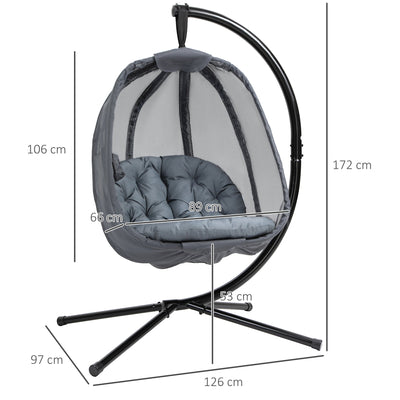 Outsunny Hanging Egg Chair, Folding Swing Hammock with Cushion and Stand for Indoor Outdoor, Patio Garden Furniture, Grey