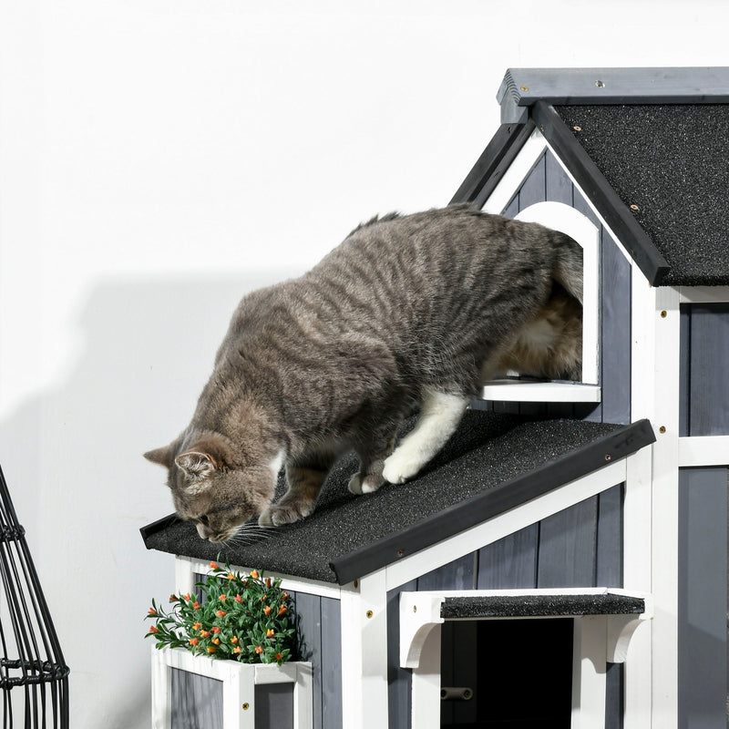 Casa para gatos de madera para exteriores PawHut con maceta, ventanas, varias entradas y techo resistente al agua, color gris