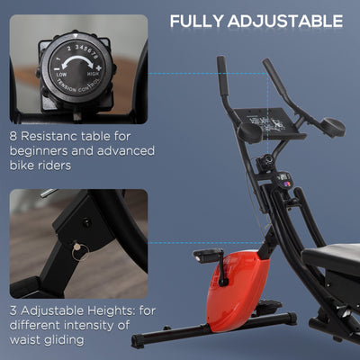 HOMCOM Abs Trainer and Exercise Bike, Multi-functional Ab Machine w/ Three Adjustable Heights, 8-Level Adjustable Resistance Two Wheels for Home Gym