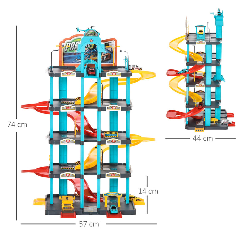 HOMCOM 5-Level Car Parking Garage Toy Race Tracks Car Ramp Set Toddler Car Games w/ Cars & Helicopter Elevator Gas Station Car Repair Station