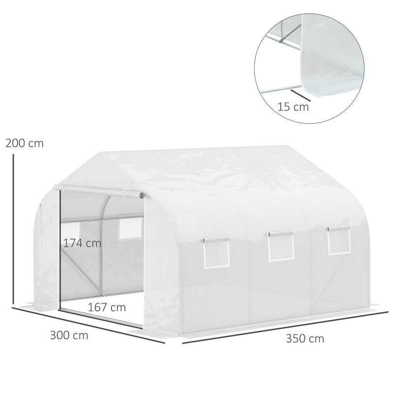 Outsunny 4.5 x 3 x 2m Walk-In Greenhouse Polytunnel Greenhouse Garden Hot House with Steel Frame, Roll Up Door and Windows, White