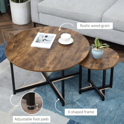 Round Coffee Table, Nesting Set 2 With Metal Frame, Rustic Brown