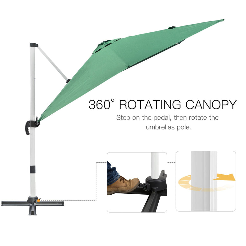 Outsunny 3 x 3(m) Cantilever Parasol, Square Garden Umbrella with Cross Base, Crank Handle, Tilt, 360° Rotation and Aluminium Frame, Green