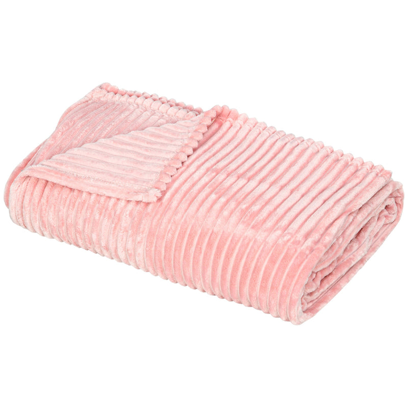 HOMCOM Flannel Fleece Blanket for Sofas, All-Season Fluffy Warm Throw Blanket for Bed, Couch, Chair, Striped Reversible Travel Bedspread, King Size, 230 x 230cm, Pink