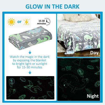 HOMCOM Glow in The Dark Flannel Fleece Blanket for Sofas, All-Season Fluffy Warm Throw Blanket for Bed, Couch, Chair, Kids Dinosaur Luminous Blanket for Boys and Girls, 203x152cm, Grey