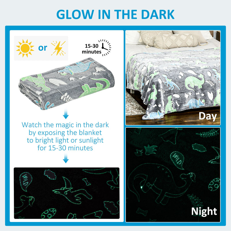 HOMCOM Glow in The Dark Flannel Fleece Blanket for Sofas, All-Season Fluffy Warm Throw Blanket for Bed, Couch, Chair, Kids Dinosaur Luminous Blanket for Boys and Girls, 203x152cm, Grey