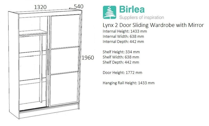 Birlea Lynx 2 Door Mirrored Sliding Wardrobe - 5 Colours