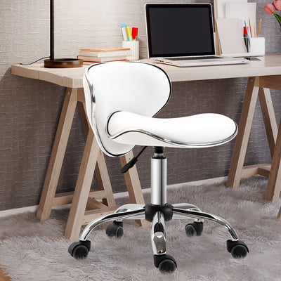 HOMCOM PU Leather Rolling Swivel Salon Chair Salon Stool with Backrest White