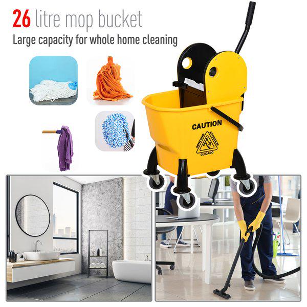 26L Commercial Plastic Mop Bucket And Water Wringer - Yellow