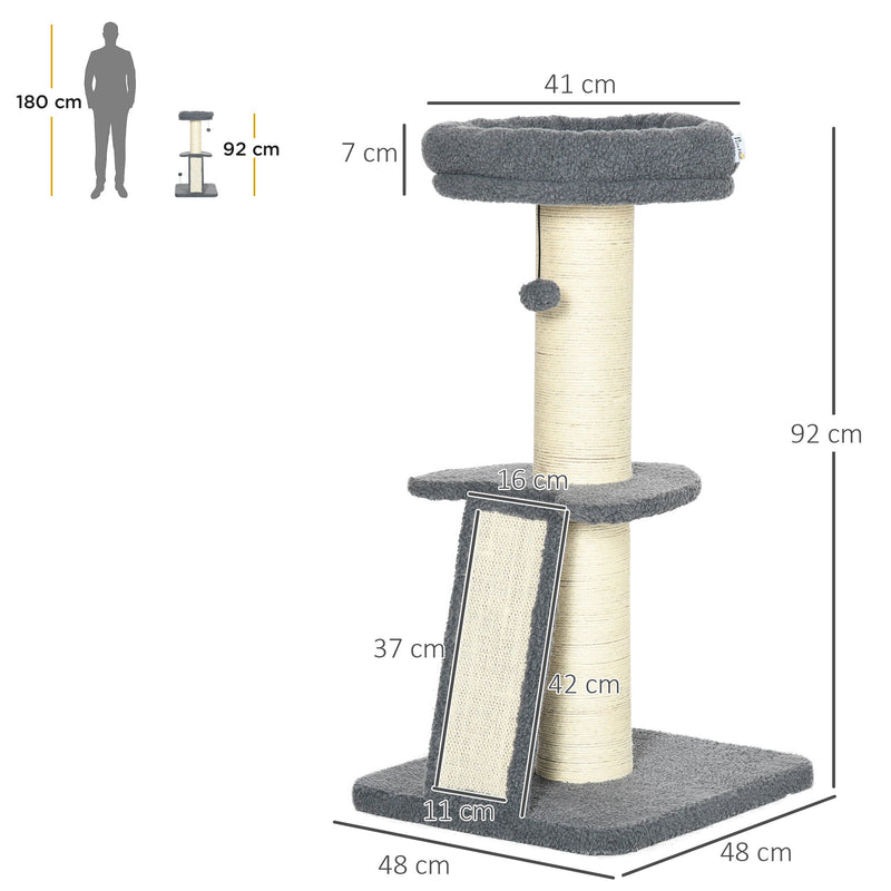 PawHut Cat Tree Tower with Scratching Posts, Pad, Bed, Toy Ball for Cats under 5 Kg, Dark Grey & Beige