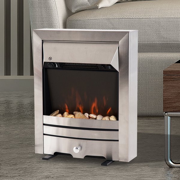 2KW Stainless Steel LED Flame Electric Fireplace Pebble Burning Effect Heater