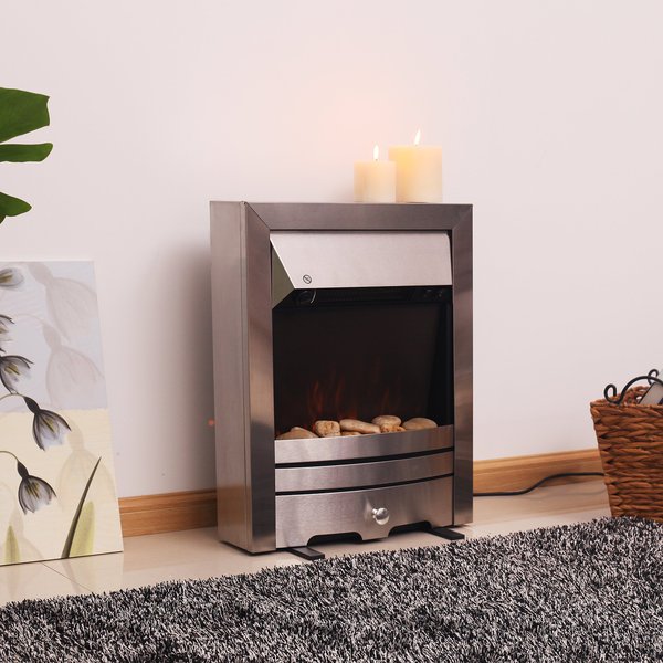 2KW Stainless Steel LED Flame Electric Fireplace Pebble Burning Effect Heater