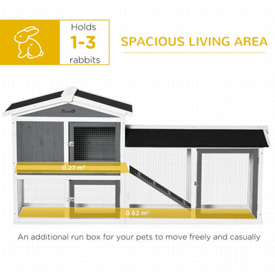 PawHut 2 Tier Wooden Rabbit Hutch, Guinea Pig Cage, Bunny Run, Small Animal House with Run Box, Slide-out Tray, 175.8 x 52 x 85.5cm, White