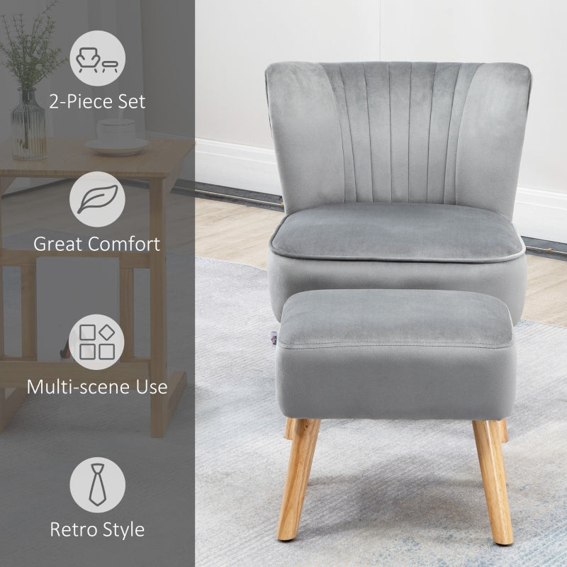 Velvet-Feel Tub Chair And Footstool - Grey