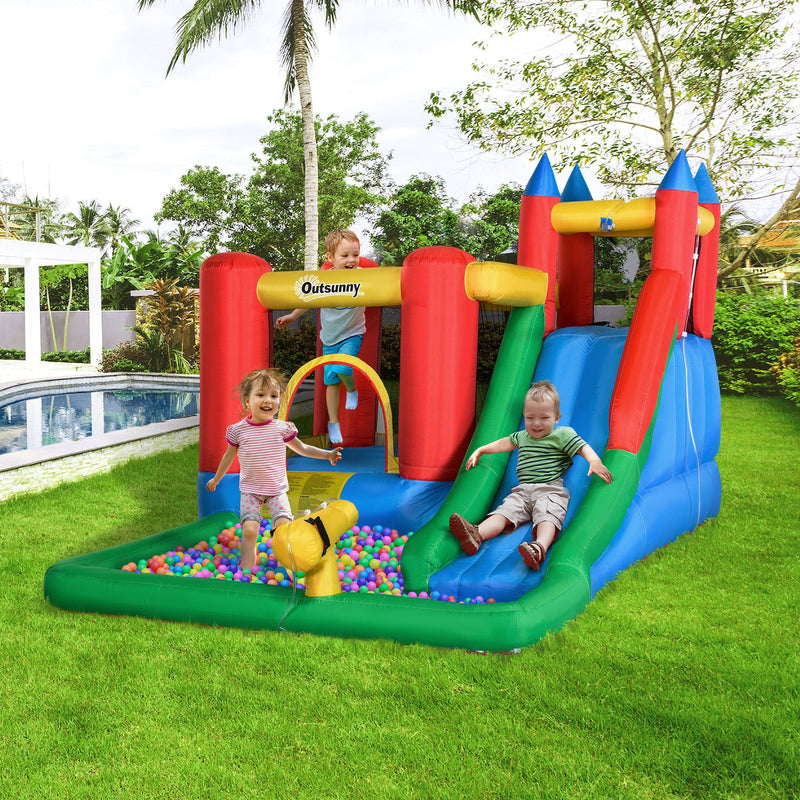 Outsunny Kids Inflatable Bouncy Castle Water Slide 6 in 1 Bounce House Jumping Castle Water Pool Gun Climbing Wall Basket for Summer Playland