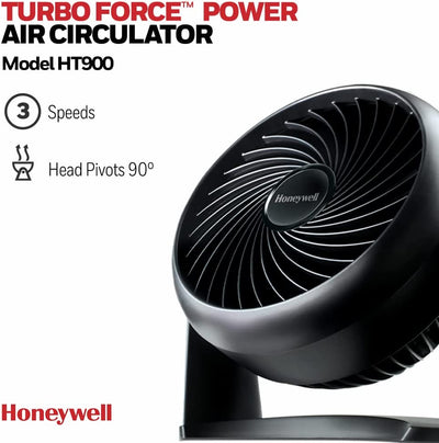 Honeywell TurboForce Power Fan (Quiet Operation Cooling, 90° Variable Tilt, 3 Speed Settings, Wall Mount Feature, Table Fan) HT900E, Black