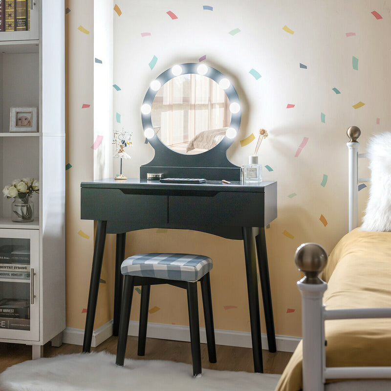 Vanity Dressing Table Makeup Desk with LED Round Mirror Bedroom-Black