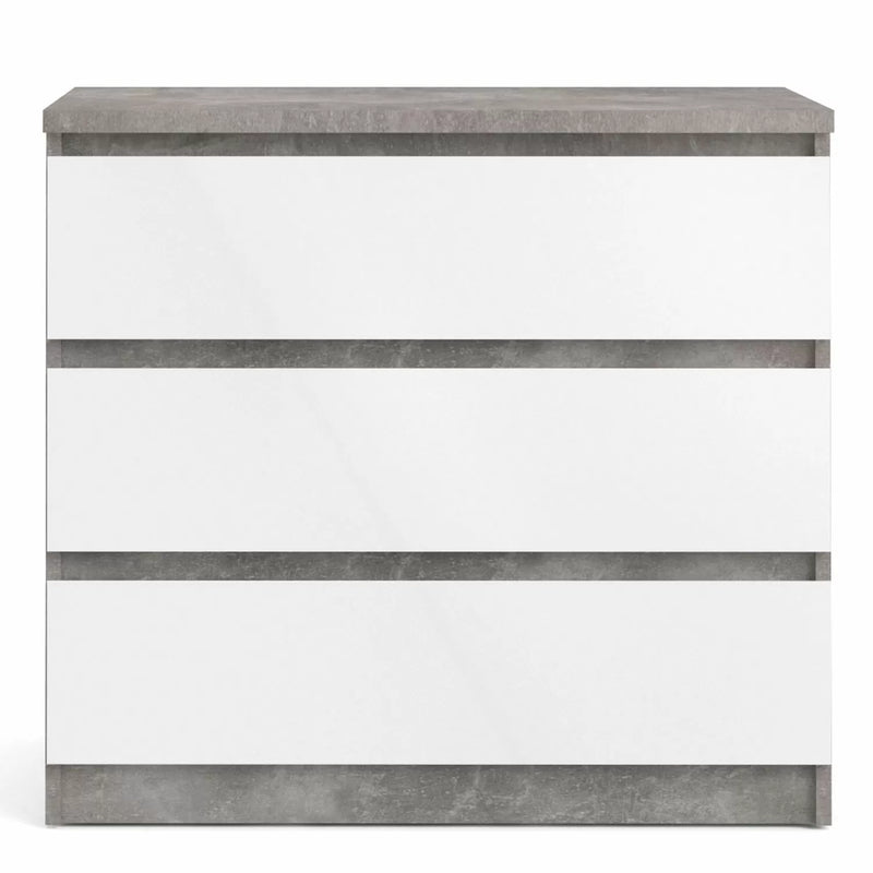 Naia Chest of 3 Drawers in Concrete and White High Gloss - Grey and White High Gloss