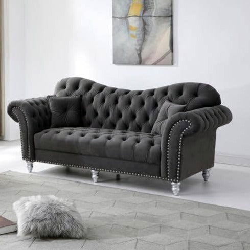 Elegance Glamour Fabric Sofa Set 3 Seater Dark Grey Studded Plush Velvet