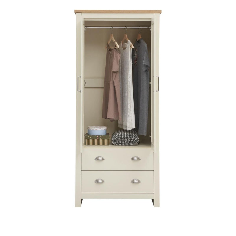 Lisbon 2 Piece Bedroom Set: 2 door wardrobe + 1 drawer bedside table / nightstand in cream & oak