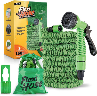 Flexi Hose 150 Foot Expandable Garden Hose with 7 Function Spray Nozzle - Durable Brass Fittings Leak-Proof and Kink-Free - Extra-Strength, Flexible