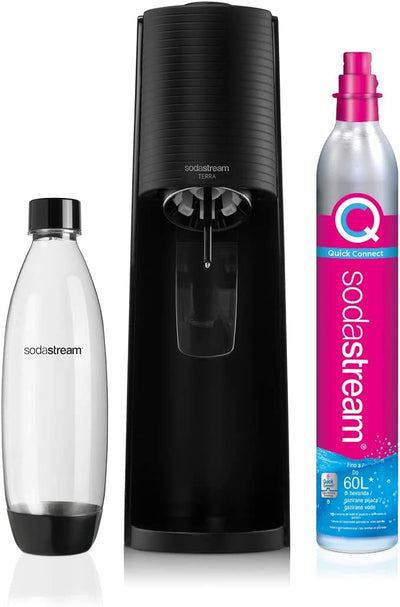 SodaStream Terra Sparkling Water Maker Machine with 1 Litre Reusable BPA-Free Water Bottle for Carbonating & 60 L Quick Connect CO2 Gas Cylinder Black