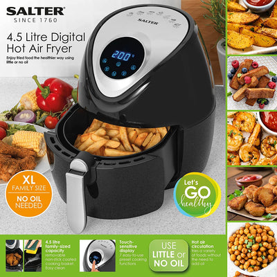 Salter EK4221 Digital Family Hot Air Fryer, 4.5L Non-Stick Cooking Basket, 30 Minute Timer, 7 Cooking Presets, Cook With Little To No Oil, 1300 W