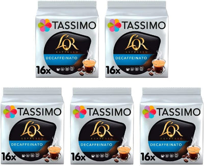 Tassimo L'OR Espresso Decaf Coffee Pods (Pack of 5, Total of 80 Coffee Capsules)