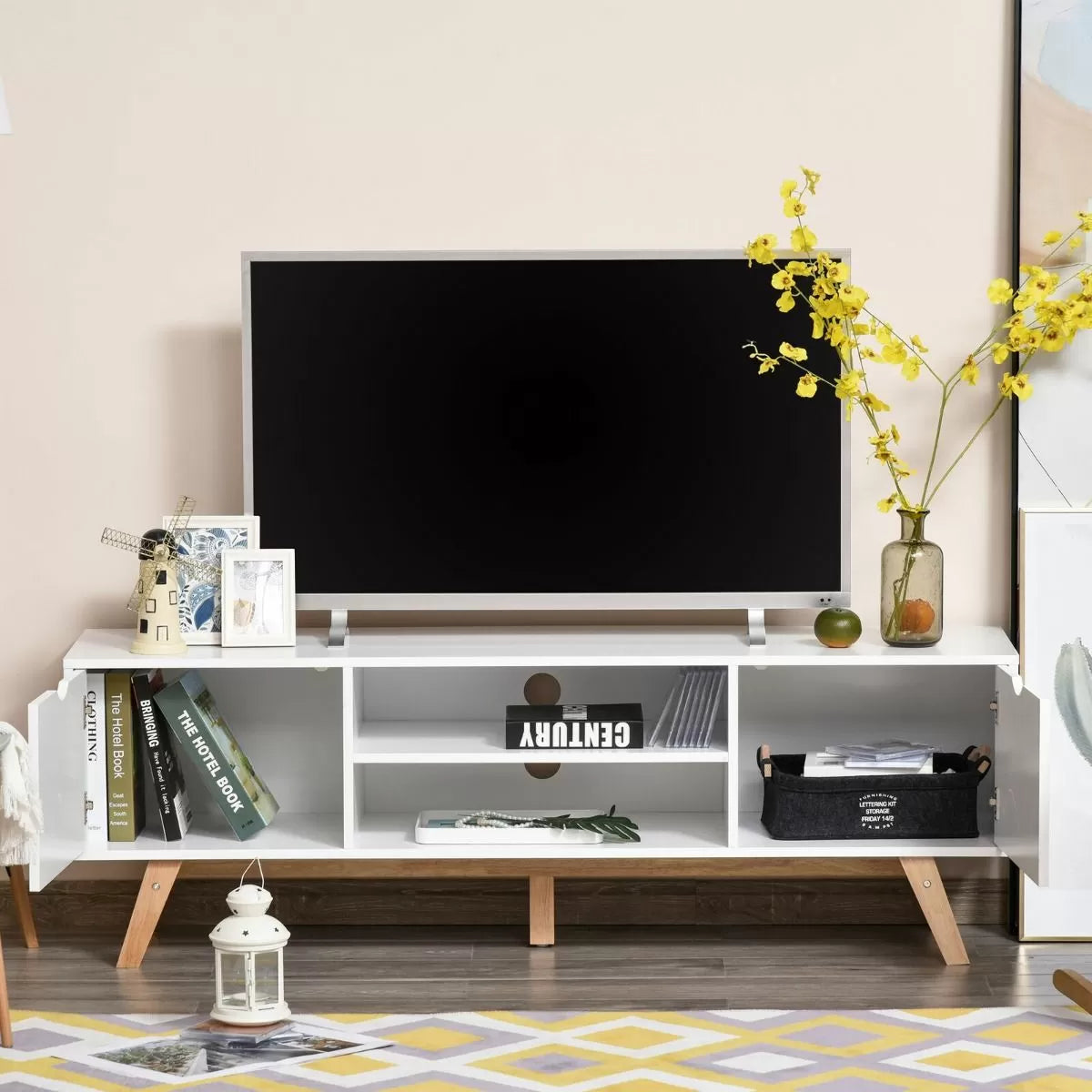 White tv deals unit wooden legs