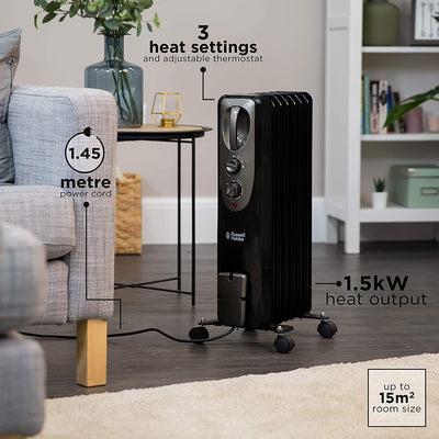 Russell Hobbs 1500W/1.5KW Oil Filled Radiator, 7 Fin Portable Electric Heater, Adjustable Thermostat with 3 Heat Settings, Safety Cut-off, RHOFR5001B