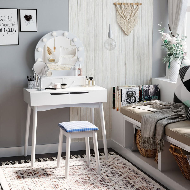 Modern Look Dressing Table Set with Lights Drawer and Cushioned Stool - White