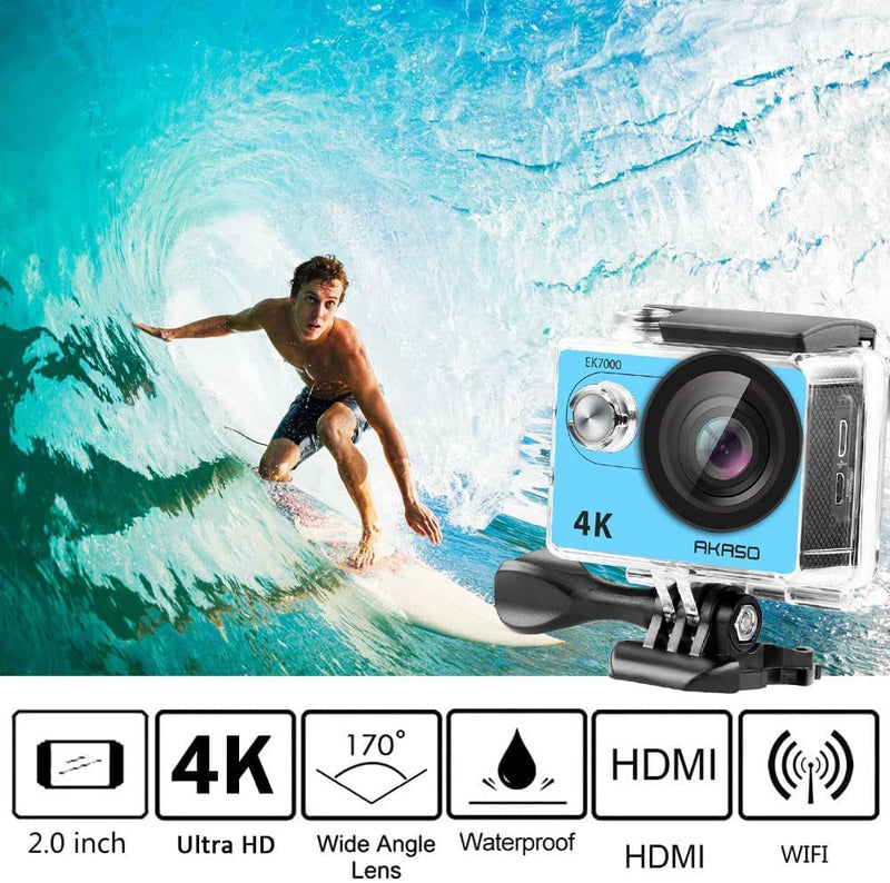 AKASO EK7000 4K Sport Action Camera Ultra HD Camcorder 12MP WiFi Waterproof Camera with 2 Rechargeable Batteries, 19 Accessories Kit - Blue