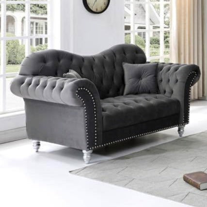 Elegance Glamour Fabric Sofa Set 2 Seater Dark Grey Studded Plush Velvet