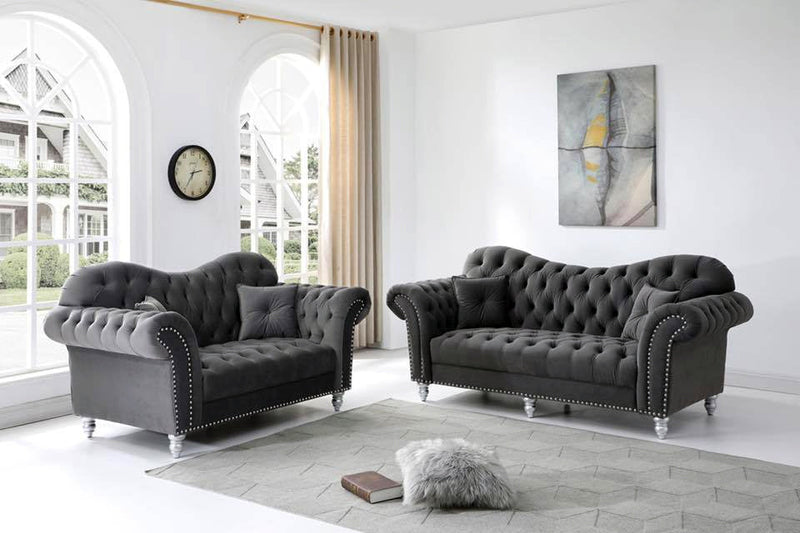 Elegance Glamour Fabric Sofa Set 3 + 2 Seater Dark Grey Studded Plush Velvet