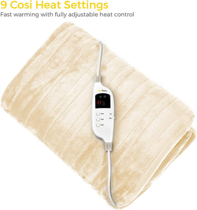 Cosi Home Heated Throw - Electric Blanket - Extra Large Heated Blanket, Machine Washable Fleece with Digital Remote, Timer and 9 Heat Settings (Cream)