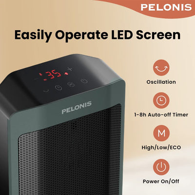 PELONIS Electric Space Heater 2000W, Remote Control, Energy Efficient, Portable Ceramic Heater, 75° Oscillation, Thermostat, Overheat Protection Green