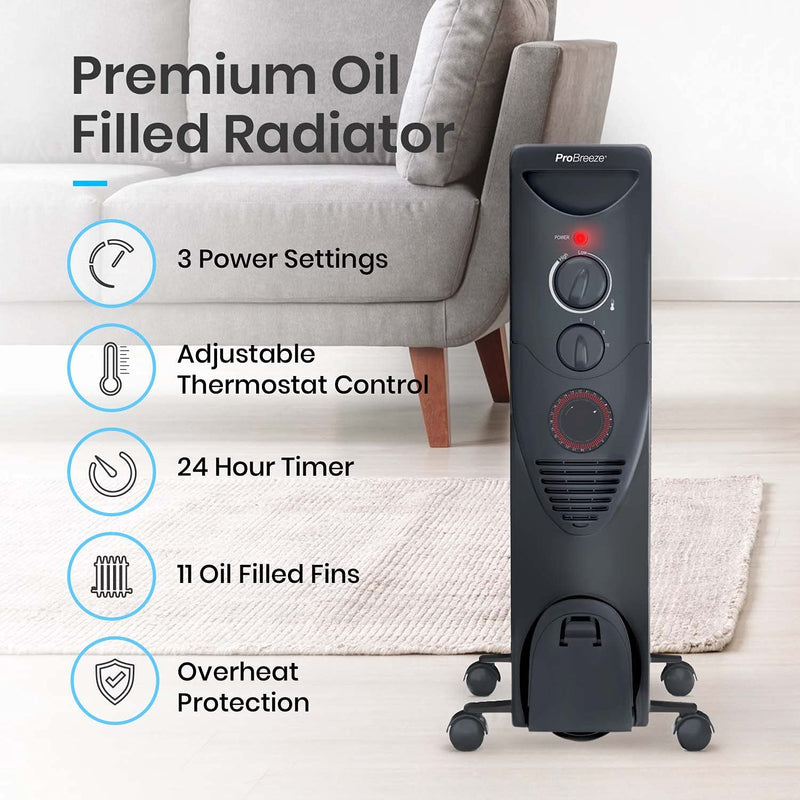 Pro Breeze 2500W Oil Filled Radiator, 11 Fin, Portable Electric Heater, Built-in Timer, 3 Heat Settings, Adjustable Thermostat, Safety Cut-Off, Black