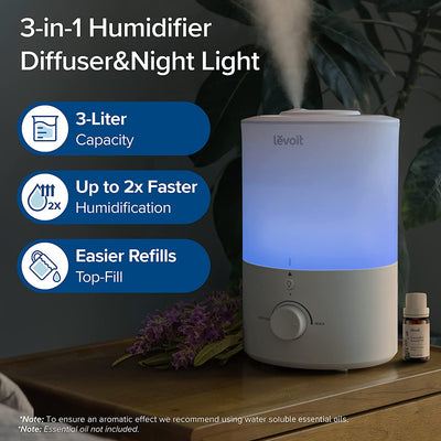 LEVOIT 3L Quiet Humidifier for Bedroom Baby Room with Night Light, Cool Mist Humidifier, Up to 25H for 27 ㎡, Operation with 360° Rotation Nozzle Blue