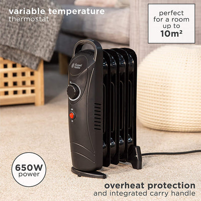 Russell Hobbs 650W Oil Filled Radiator, 5 Fin Portable Electric Heater, Adjustable Thermostat, Safety Cut-off, 10 m sq Room Size, Black RHOFR3001